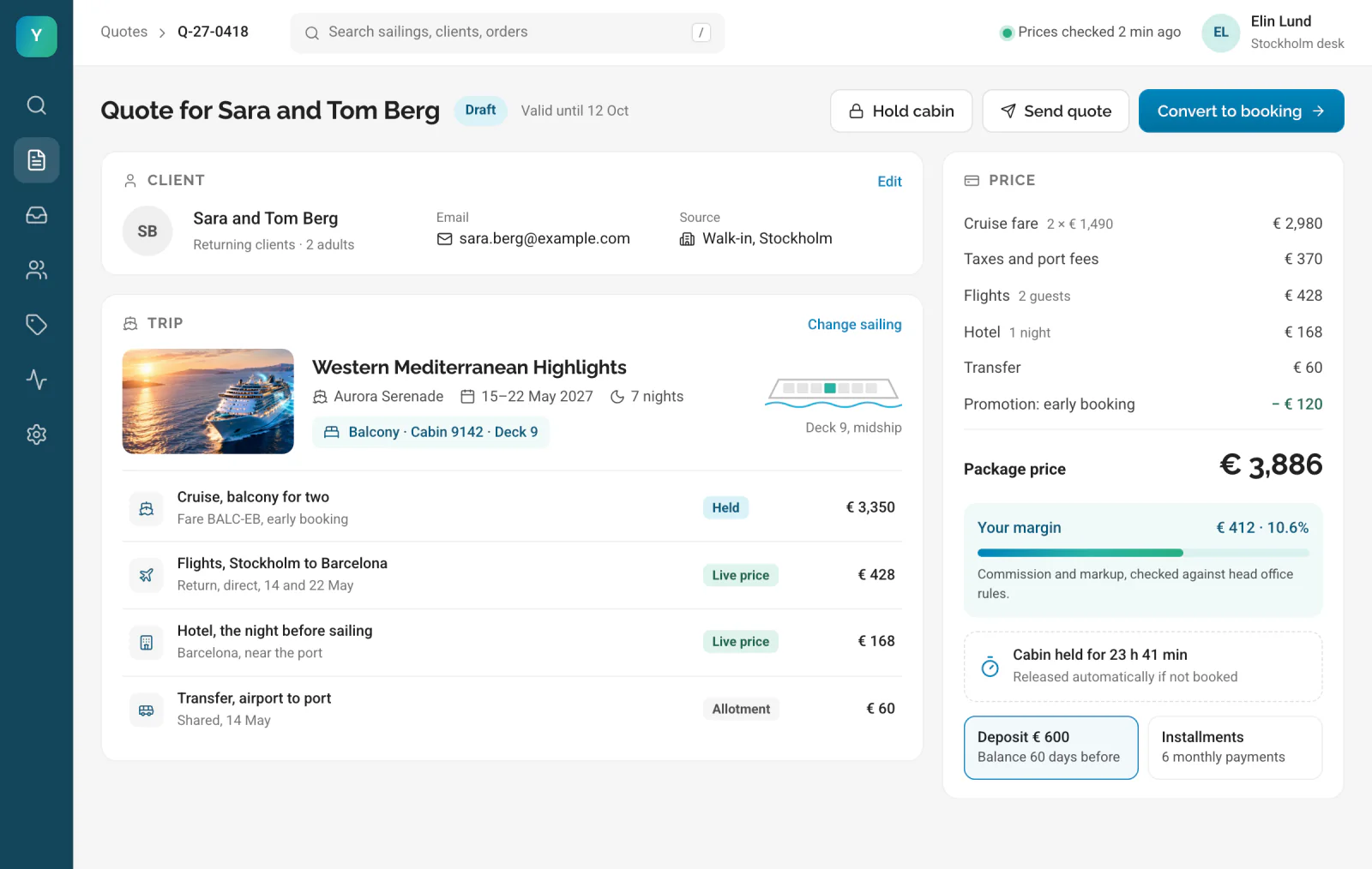 An advisor's quote screen: client details, the sailing and cabin, flight, hotel and transfer lines with live prices, a price breakdown with the package price and the advisor's margin, a cabin hold timer, and buttons to hold the cabin, send the quote or convert it to a booking.