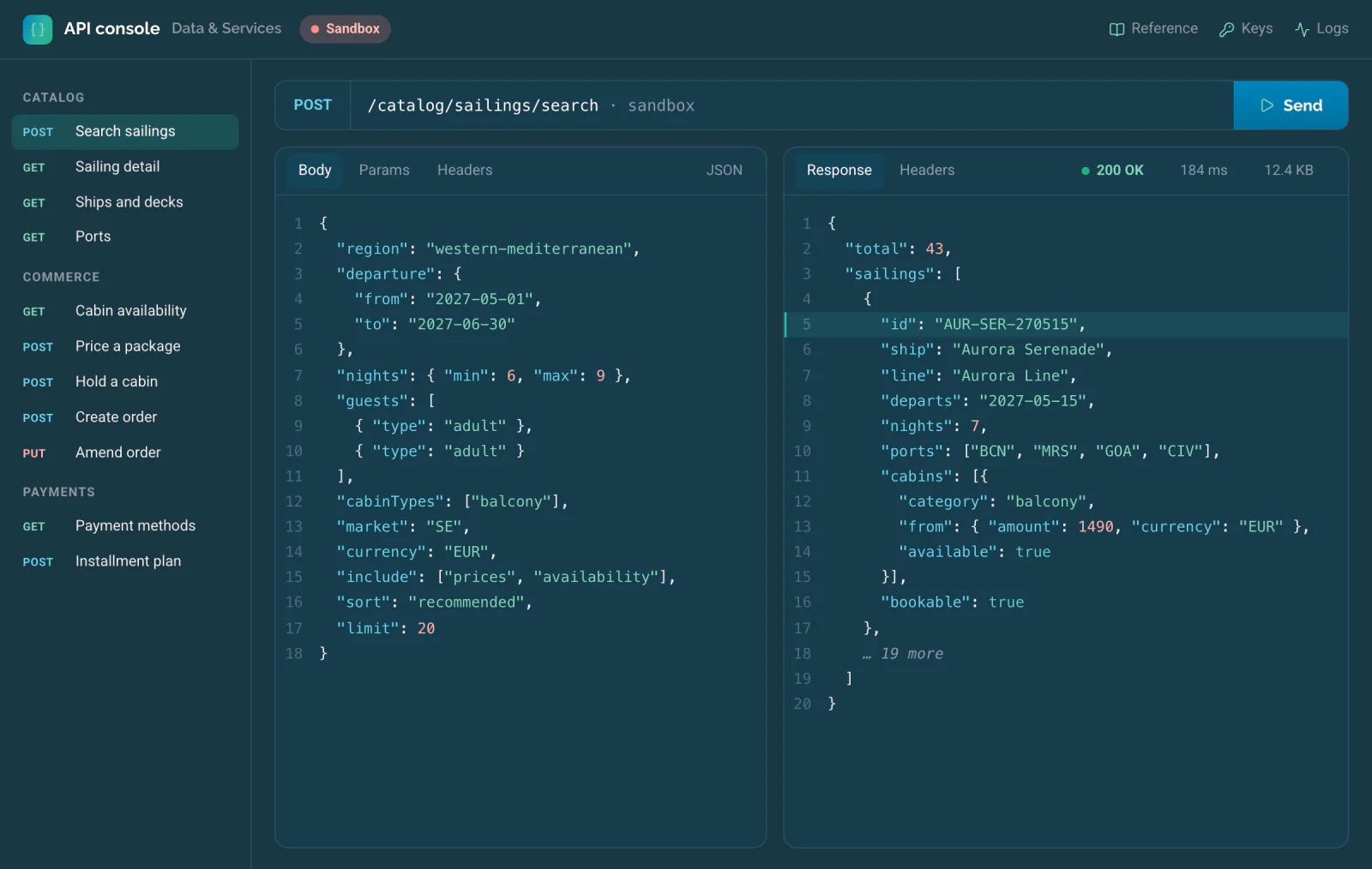 A developer console for the API channel in a sandbox: a search request for balcony cabins on Western Mediterranean sailings as JSON, and the JSON response listing matching sailings with ship, ports, cabin category, from price and availability.